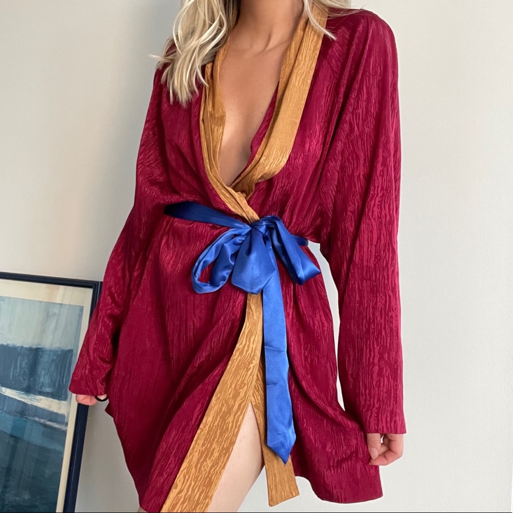 Vintage Burgundy Satin Robe Duster Gold Trim Open construction